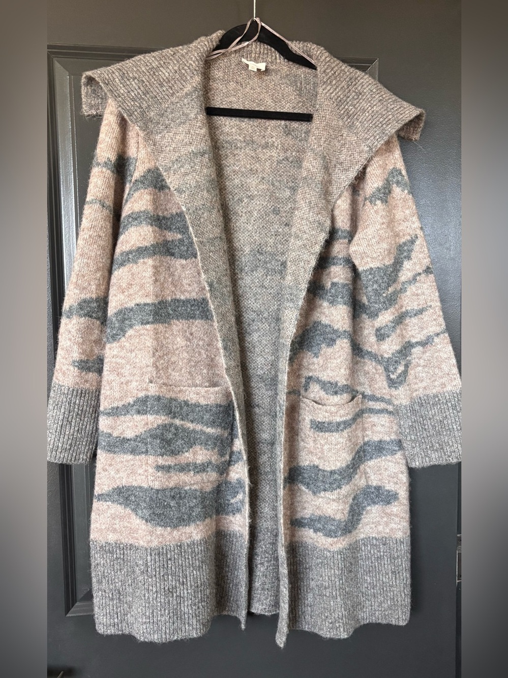 Cyrus Open-Front Hooded Cardigan in Beige and Gray Stripes